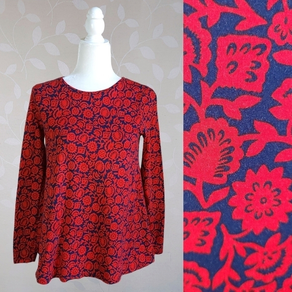 Boden Retro Folk Art Floral Print Long Sleeve Cotton Blend Top US 6 Red Blue - Picture 1 of 14